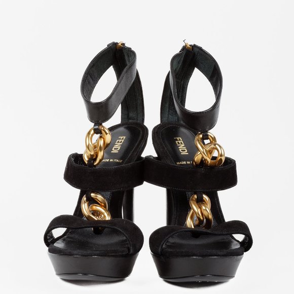 Fendi Black Suede Chain T-Strap Sandals - Picture 1 of 9